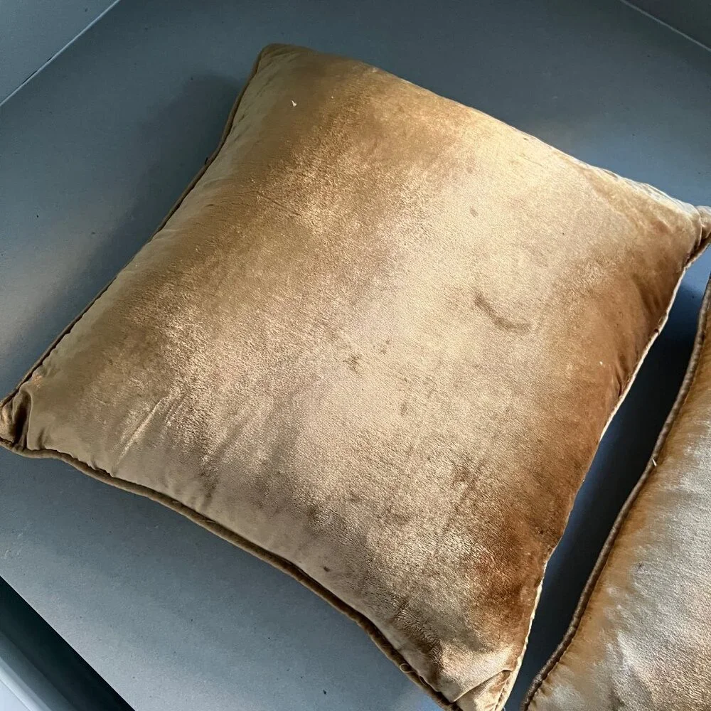 Mid-Century Vintage Velvet Gold Cat Eye Pattern Down Feather Pillows, Set of 2